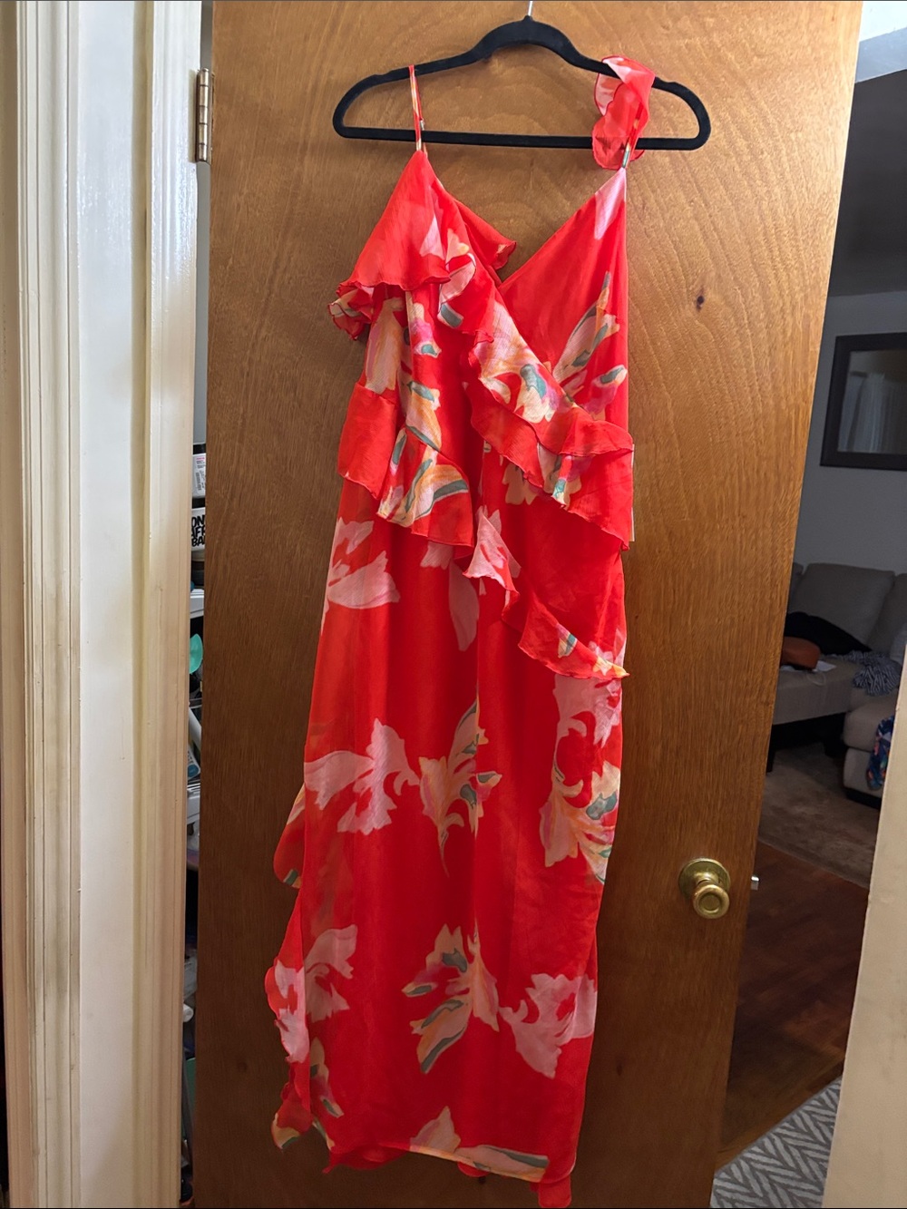 Bright Red Floral One-Shoulder Ruffle Dress